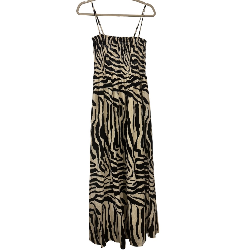 Pistola Bianca Malibu Safari Zebra Print Smocked Maxi Dress Black Cream Small